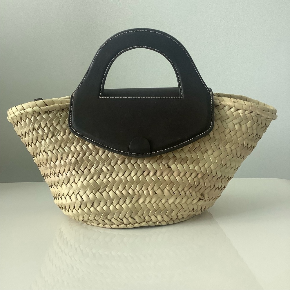 Hereu Alqueria Small Brown Leather Straw Crossbody strap magnetic flap closure